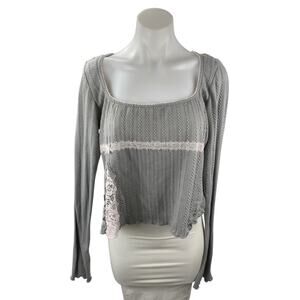 Princess Polly Women's Gray Floral Lace Trip Long Sleeve Boxy Blouse Top Size 10